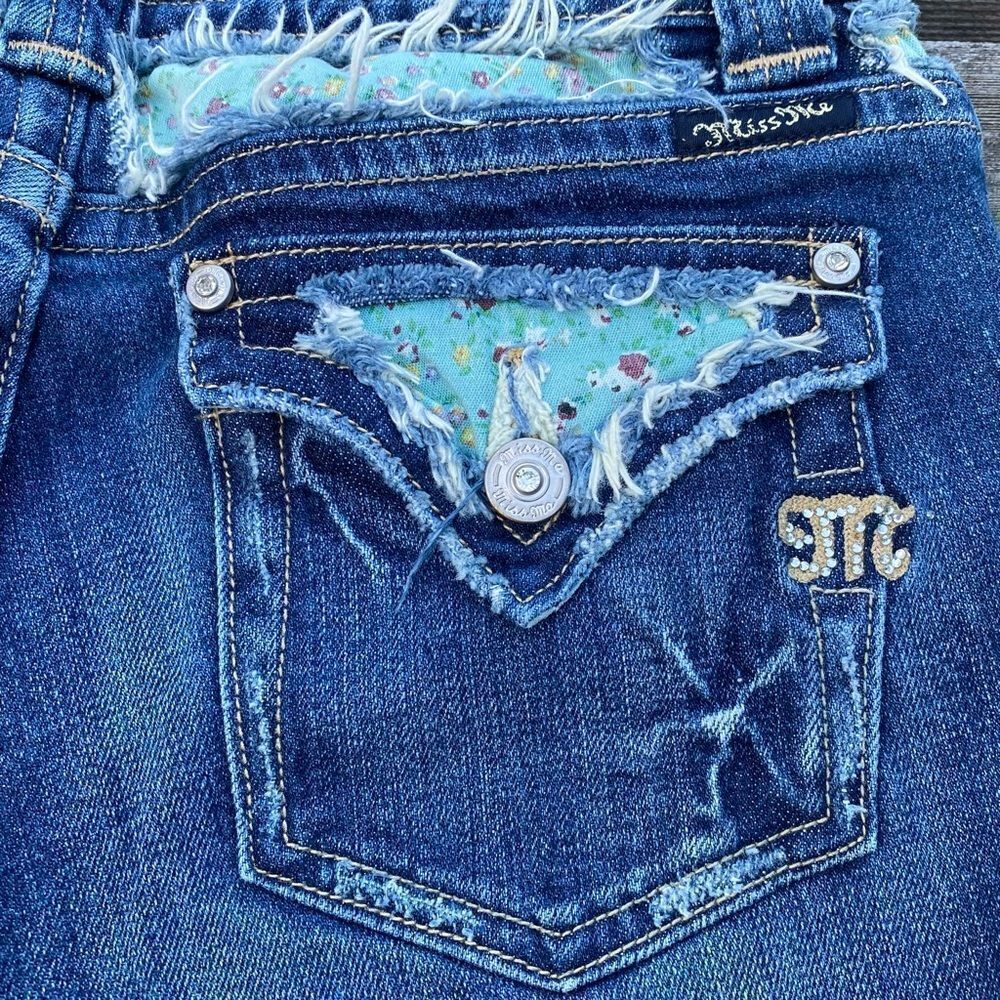 Miss Me Blue Denim Boot Cut Jeans with Aqua Floral Patch